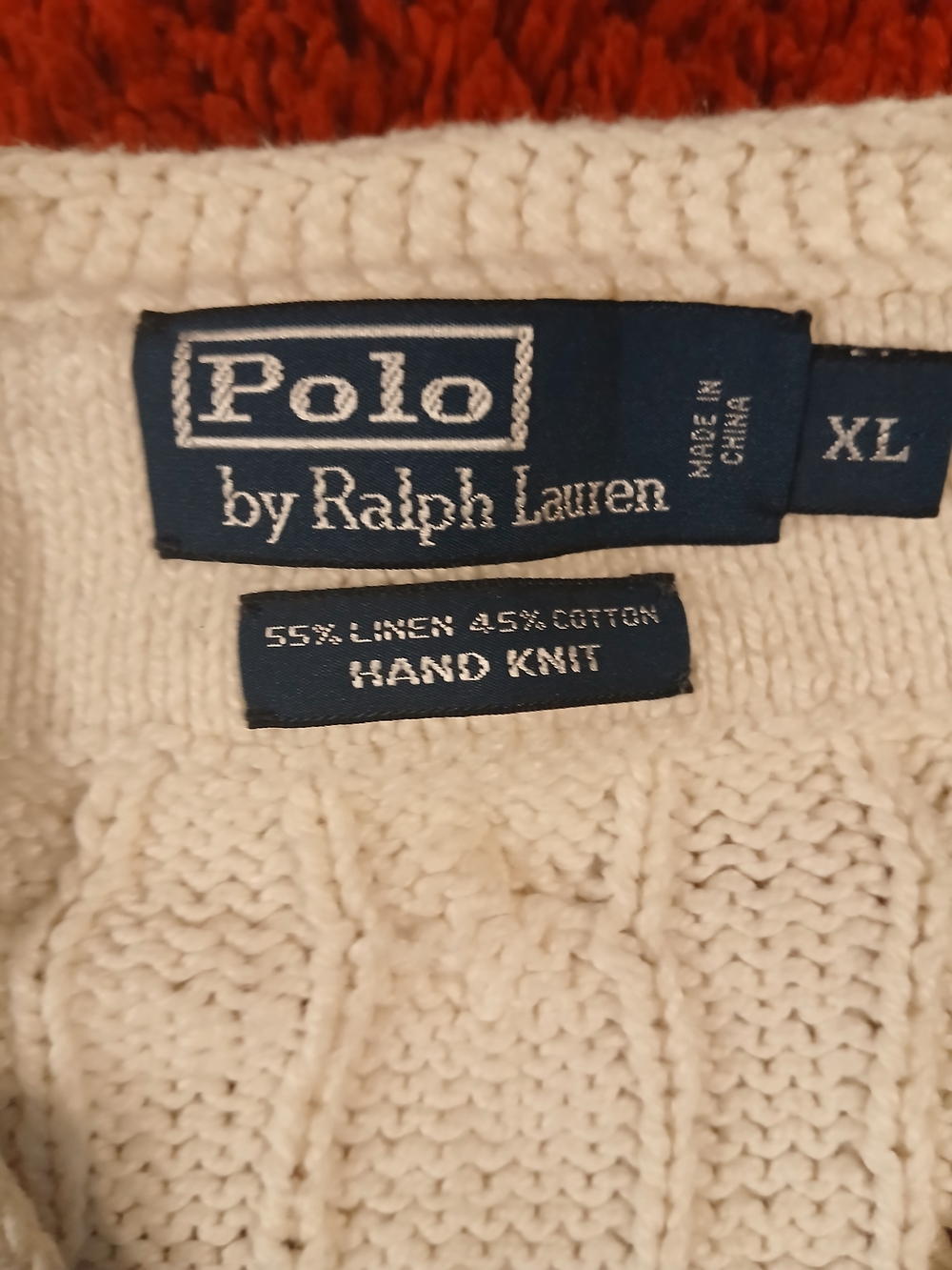 Polo by Ralph Lauren White Cable-Knit V-Neck Sweater with Navy & Green Trim - Picture 4 of 8